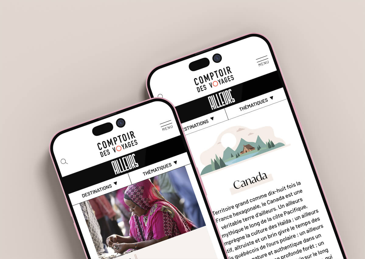 Magazine Ailleurs Comptoir des Voyages : vue sur écrans smartphone, responsive