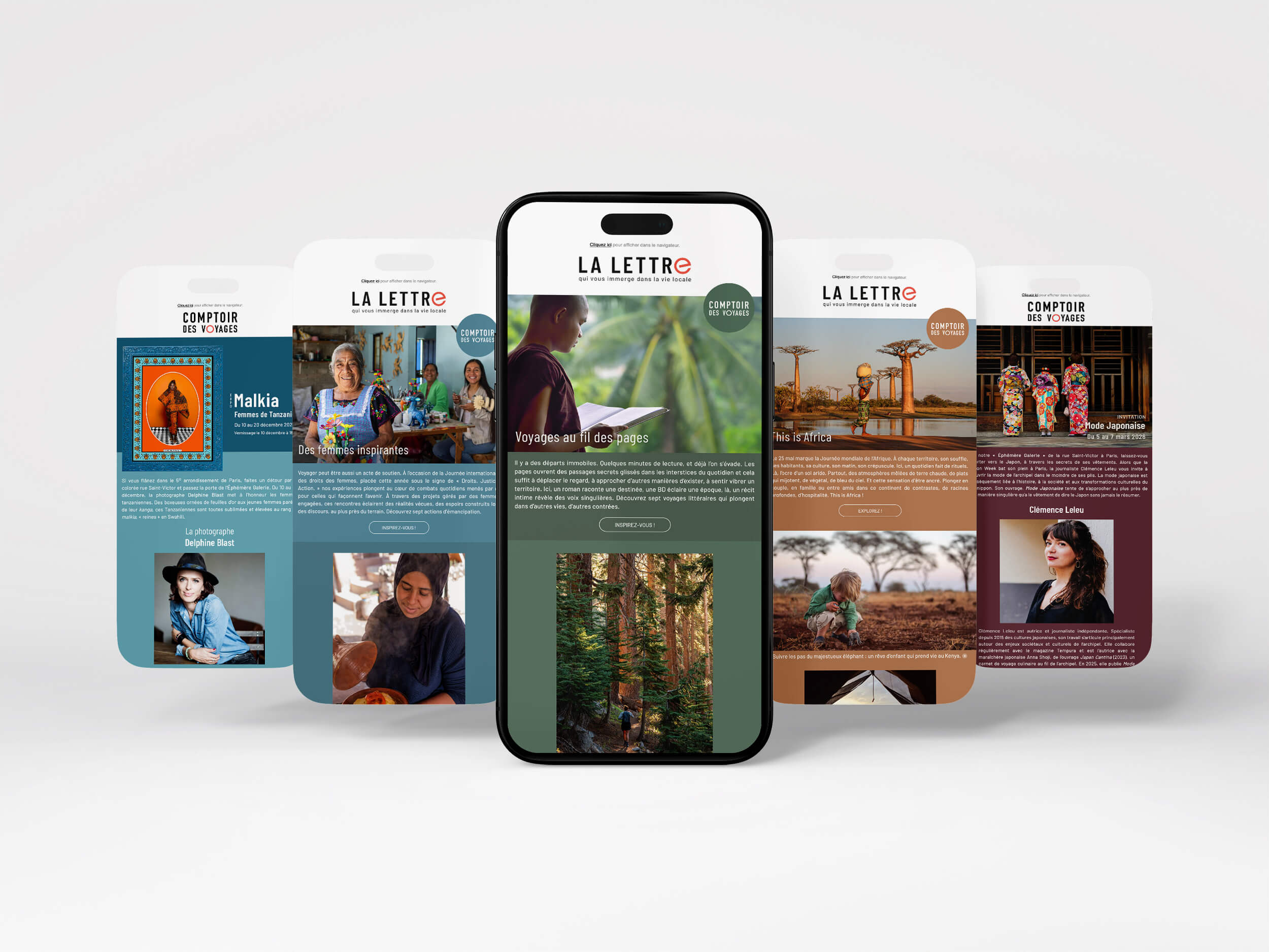 Différentes campagnes emailings Comptoir des Voyages, vues sur smartphone